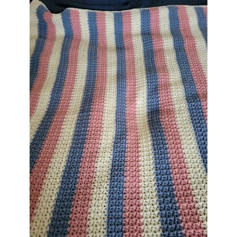 Handmade Large Crocheted Throw Blanket Pink Blue White Nice Quality 54 X‎ 47 in